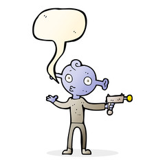 cartoon alien with ray gun with speech bubble