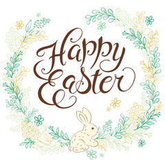 vector hand drawn easter lettering greeting quote with rabbit circled composition surround with floral branches