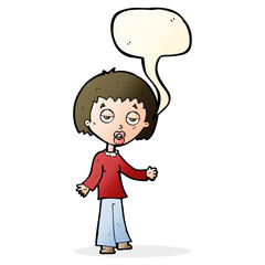 cartoon tired woman with speech bubble