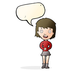 cartoon excited woman with speech bubble