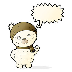 cartoon cute polar bear in winter hat and scarf with speech bubb