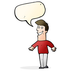 cartoon grinning man with speech bubble