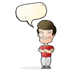 cartoon grinning man with speech bubble