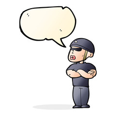 cartoon security guard with speech bubble