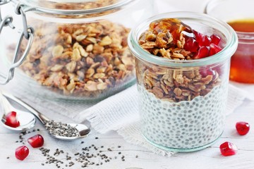 Superfoods concept : overnight chia pudding with homemade granola,pomegranate and honey. Healthy eating. Selective focus. 