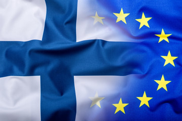 Flags of the Finland and the European Union. Finland Flag and EU Flag. World flag money concept.