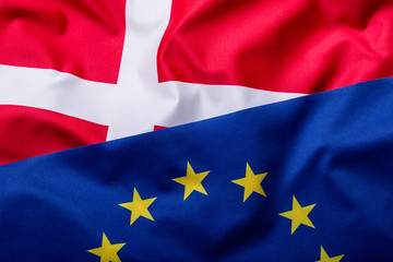 Flags of the Denmark and the European Union. Denmark Flag and EU Flag. World flag money concept.