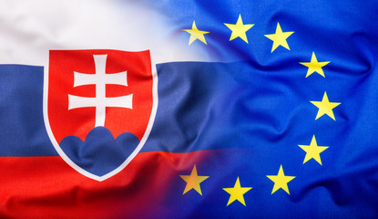 Flags of the Slovak Republic and the European Union. Slovak republic  Flag and EU Flag. World flag money concept.