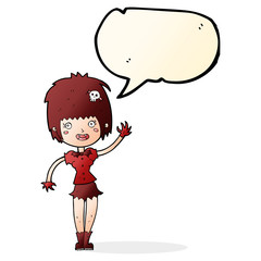 cartoon waving vampire girl with speech bubble
