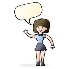 cartoon girl waving with speech bubble