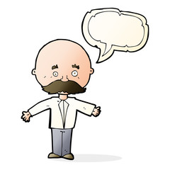 cartoon man with mustache with speech bubble