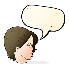 cartoon female face with narrowed eyes with speech bubble