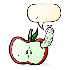 cartoon apple with bug with speech bubble