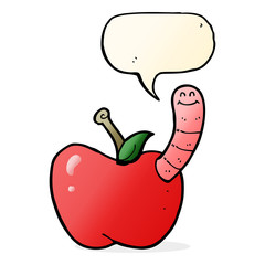cartoon apple with worm with speech bubble