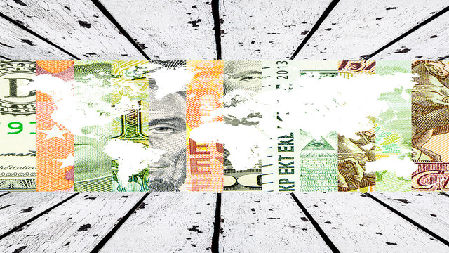 white wooden floor and ceiling with various world curencies in the background with map of the world