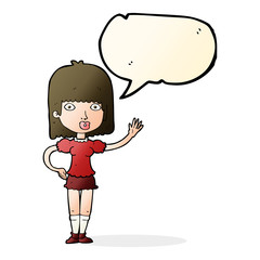 cartoon woman waving with speech bubble