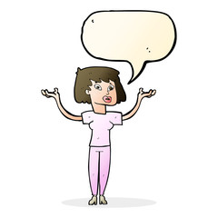 cartoon woman holding up hands with speech bubble