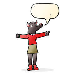 cartoon pointing werewolf woman with speech bubble