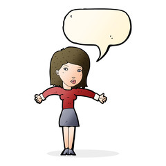 cartoon woman shrugging shoulders with speech bubble