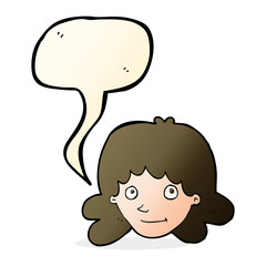 cartoon happy female face with speech bubble