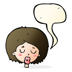 cartoon woman with eyes closed with speech bubble