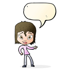 cartoon relaxed woman pointing with speech bubble