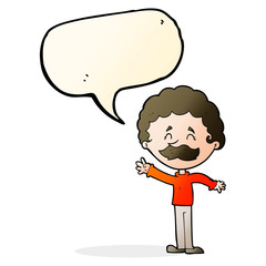 cartoon man with mustache waving with speech bubble