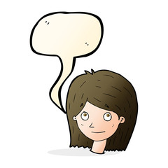 cartoon happy female face with speech bubble