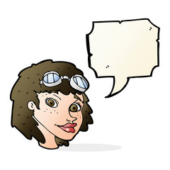 cartoon happy woman wearing aviator goggles with speech bubble