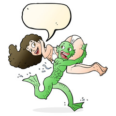 cartoon swamp monster carrying girl in bikini with speech bubble