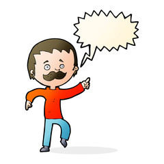 cartoon man with mustache pointing with speech bubble