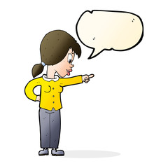 cartoon enthusiastic woman pointing with speech bubble