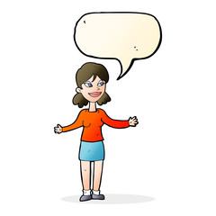 cartoon happy woman shrugging shoulders with speech bubble