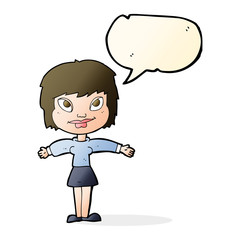 cartoon woman with open amrs with speech bubble