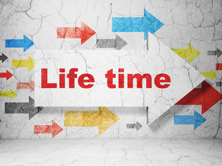 Timeline concept: arrow with Life Time on grunge wall background