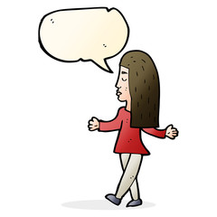 cartoon woman shrugging shoulders with speech bubble