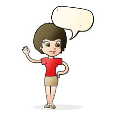 cartoon woman waving with speech bubble