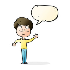 cartoon happy man waving with speech bubble