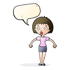 cartoon confused woman shrugging shoulders with speech bubble