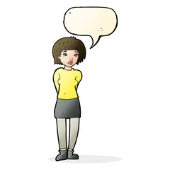 cartoon shy woman with speech bubble