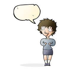 cartoon excited woman with speech bubble