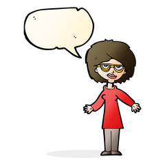cartoon woman wearing glasses with speech bubble
