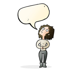 cartoon woman looking upwards with speech bubble