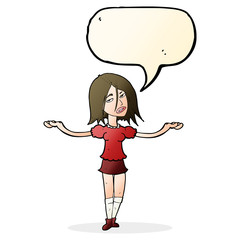 cartoon woman shrugging shoulders with speech bubble