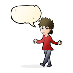cartoon woman shrugging shoulders with speech bubble