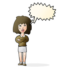 cartoon tough woman with folded arms with speech bubble
