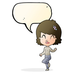 cartoon pretty woman dancing with speech bubble