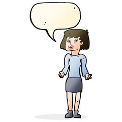 cartoon woman shrugging shoulders with speech bubble