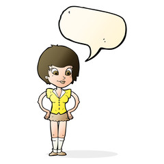 cartoon pretty woman with hands on hips with speech bubble