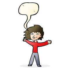 cartoon excited woman waving with speech bubble